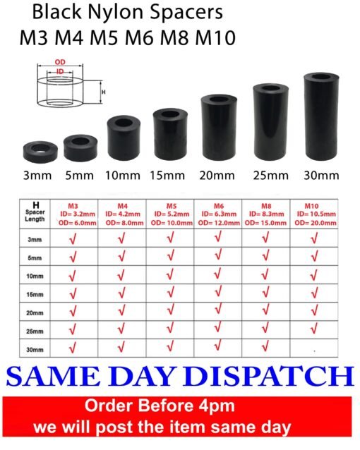 Black Nylon SPACERS Plastic Standoff Washers ( pack of 10) - Image 2