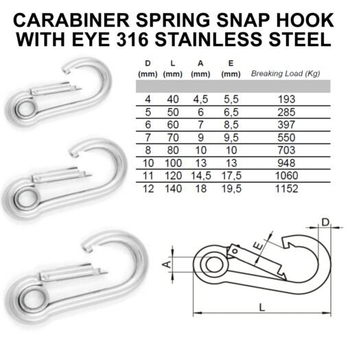 Eye Snap Carabiner Hook Clip Heavy Duty Stainless Steel with Spring Eyelet  A4 Marine Grade - Image 3