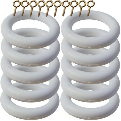 White Curtain Rings Drapery Pole with Curtain Loops & Gliders 35mm x 54mm - Easy-Glide Design with Eyelets for 28mm Pole (Pack of 10)