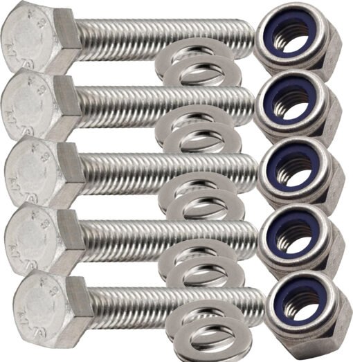 Hex head bolts set with Nylon Nuts and Washers Stainless Steel Fully Threaded Bolt (Pack of 5)